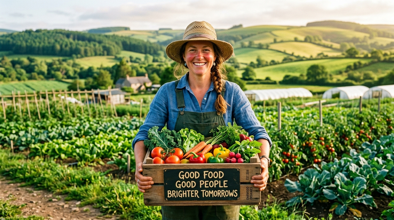 Farmer holding crate of fresh organic produce in sunlit farm fields