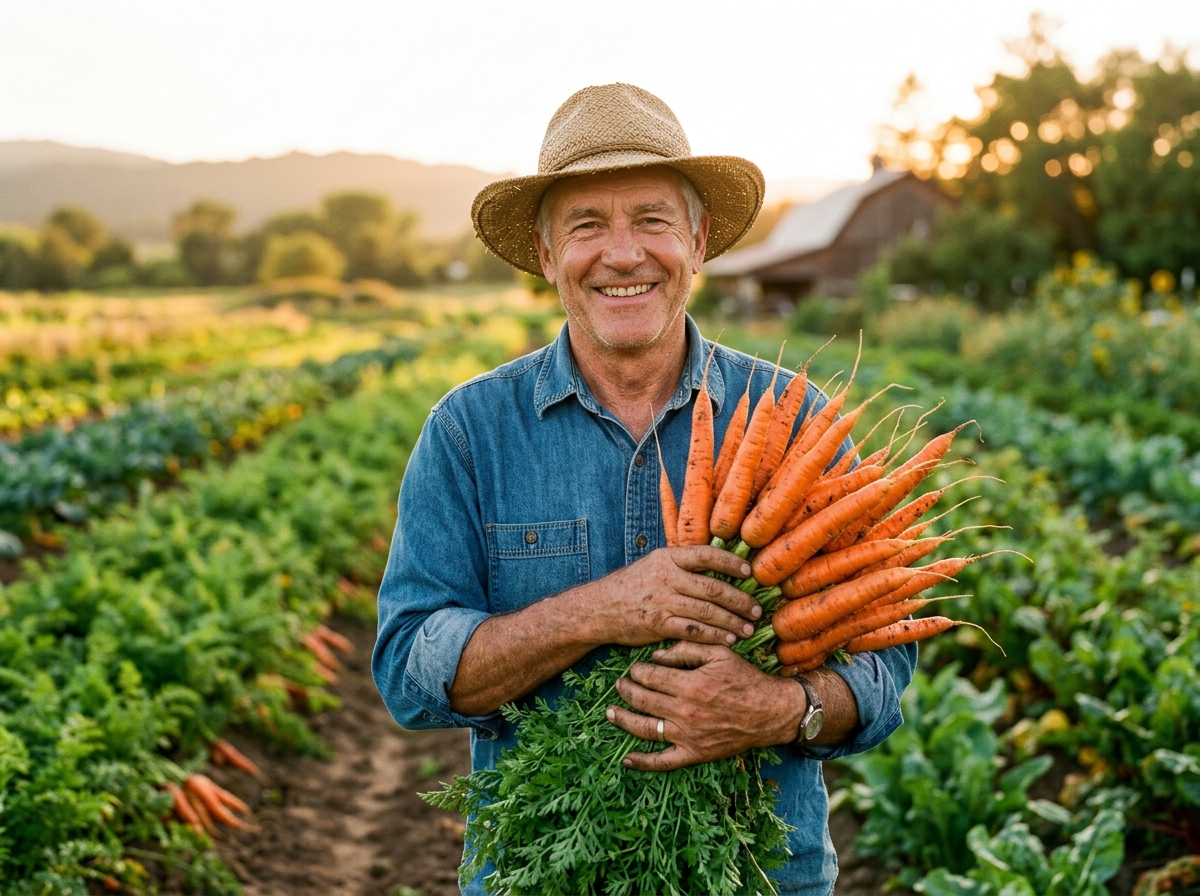 Smiling organic farmer holding freshly harvested bunch of carrots