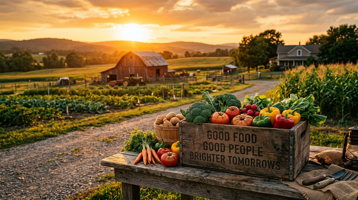 Sunset over organic farm with produce and wooden harvest crate